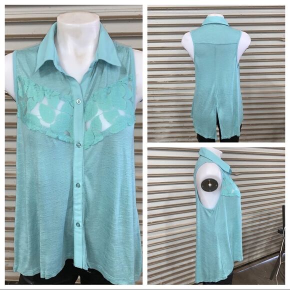 Eyeshadow top tank sleeveless top with lace green long 100% rayon size large - Picture 1 of 8